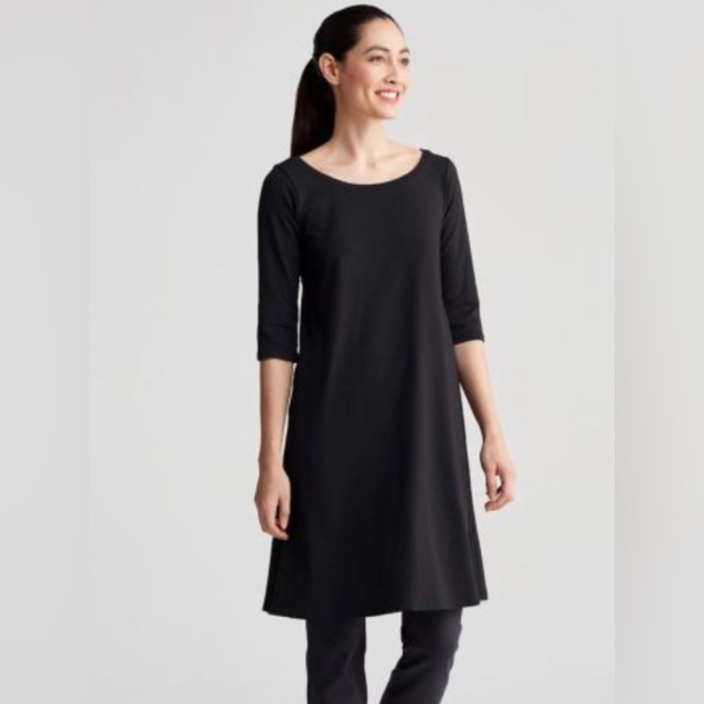 Eileen Fisher Black Capsule Minimalist 3/4 Sleeve Pullover Dress Large Lagenlook